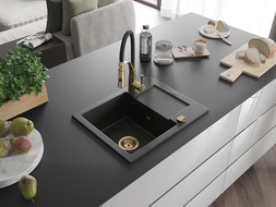 Mexen Enzo granite sink 1-bowl with drainer and Aster kitchen tap, black/gold metallic - 6506-75-73450-57-G