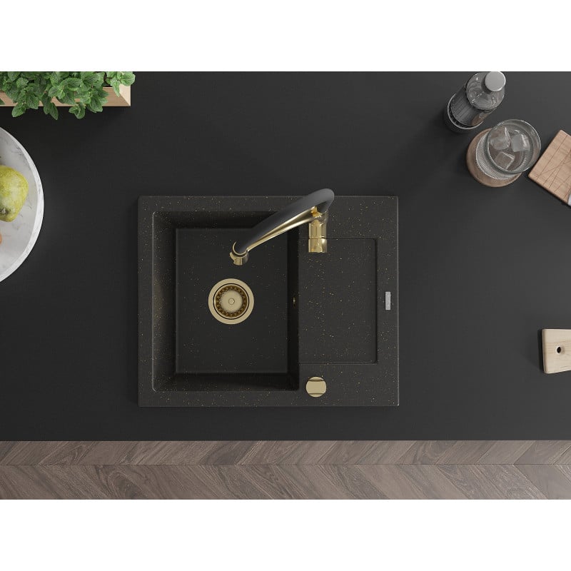 Mexen Enzo fregadero de granito de 1 seno con escurridor y grifo de cocina Aster, negro/oro metálico - 6506-75-73450-57-G