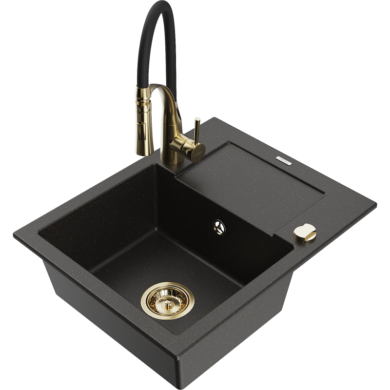 Mexen Enzo granitdiskho med 1 facka och avrinning och köksblandare Aster, svart/guld metallic - 6506-75-73450-57-G
