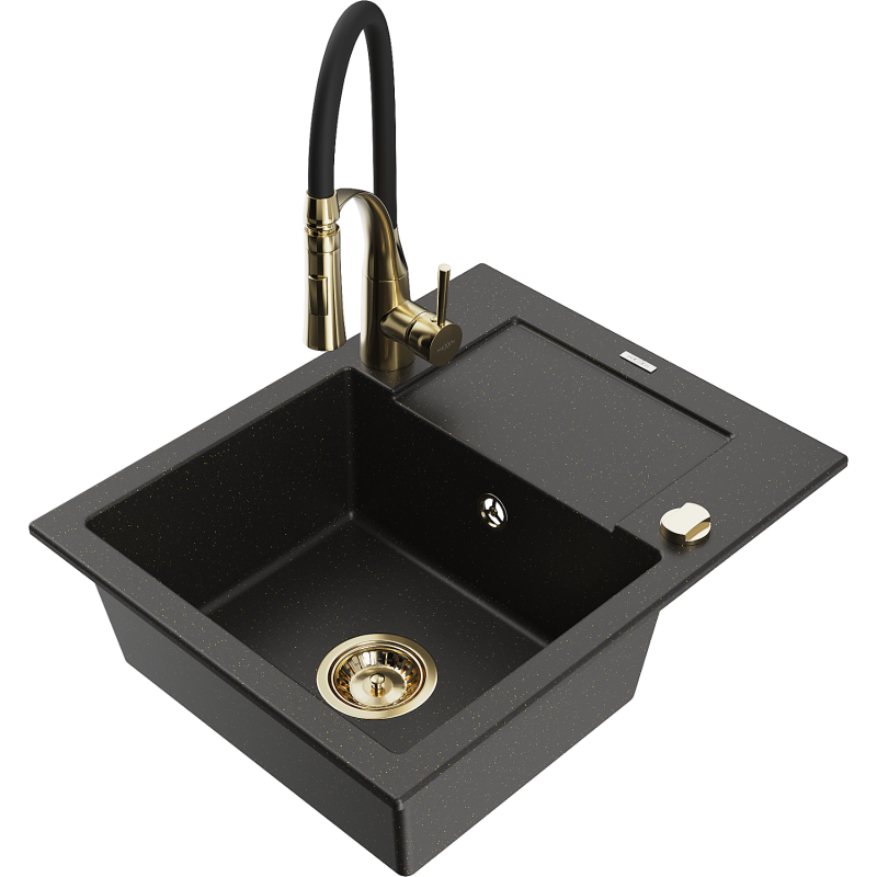 Mexen Enzo granite sink 1-bowl with drainer and Aster kitchen tap, black/gold metallic - 6506-75-73450-57-G