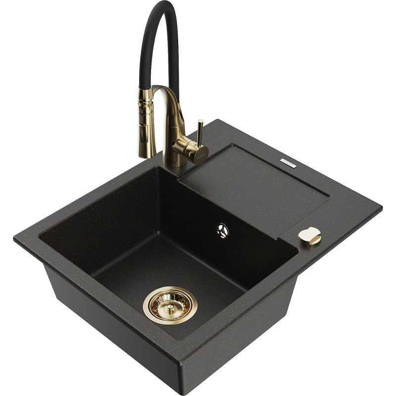 Mexen Enzo granitische gootsteen 1-baks met afdruiprek en keukenkraan Aster, zwart/goud metallic - 6506-75-73450-57-G