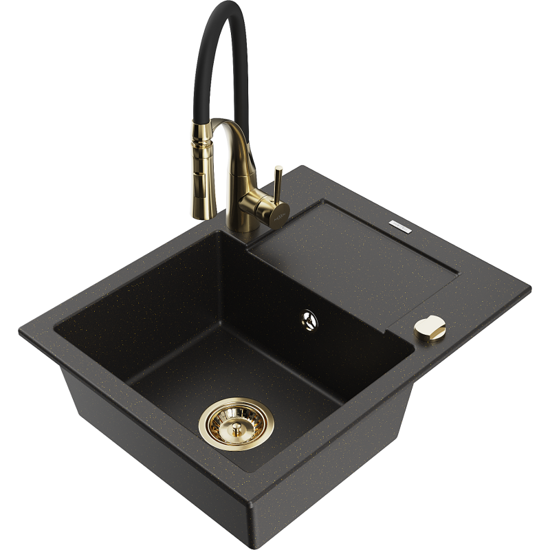 Mexen Enzo Granitspüle mit 1 Becken und Abtropffläche sowie Küchenarmatur Aster, Schwarz/Gold Metallic - 6506-75-73450-57-G