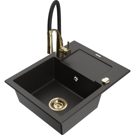 Mexen Enzo granite sink 1-bowl with drainer and Aster kitchen tap, black/gold metallic - 6506-75-73450-57-G