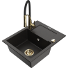 Mexen Enzo fregadero de granito de 1 cubeta con escurridor y grifo de cocina Aster, negro/dorado metálico - 6506-75-73450-57-G