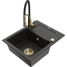 Mexen Enzo Granitspüle mit 1 Becken und Abtropffläche sowie Küchenarmatur Aster, Schwarz/Gold Metallic - 6506-75-73450-57-G