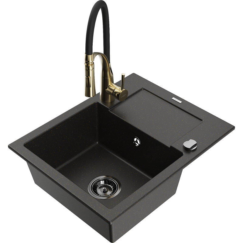 Mexen Enzo évier en granit à 1 bac avec égouttoir et robinet de cuisine Aster, noir/métal doré - 6506-75-73450-57-B