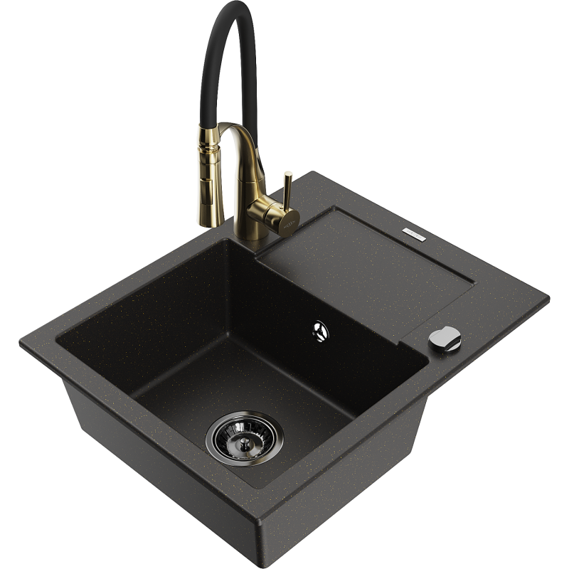 Mexen Enzo granieten gootsteen met 1 bak met afdruiprek en Aster keukenkraan, zwart/goud metallic - 6506-75-73450-57-B