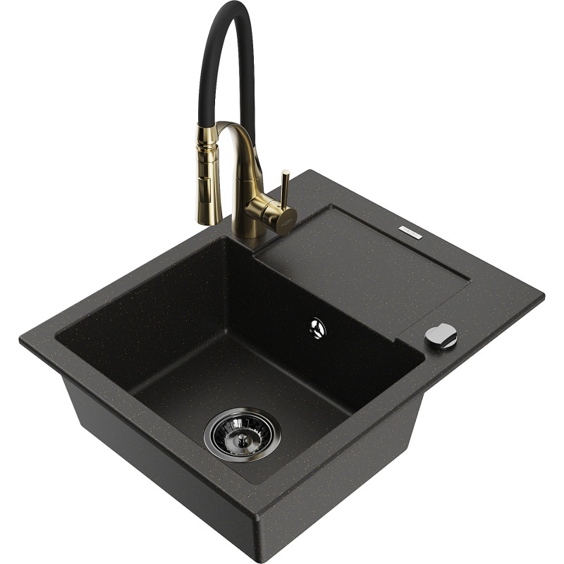 Mexen Enzo granieten spoelbak met 1 bak en afdruipplaat en keukenmengkraan Aster, zwart/goud metallic - 6506-75-73450-57-B
