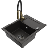 Mexen Enzo fregadero de granito de 1 cubeta con escurridor y grifo de cocina Aster, negro/dorado metálico - 6506-75-73450-57-B