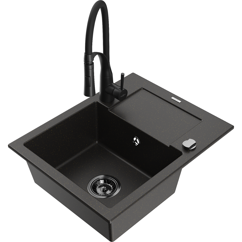 Mexen Enzo évier en granit 1 bac avec égouttoir et robinet de cuisine Aster, noir / or métallique - 6506-75-73450-70-B