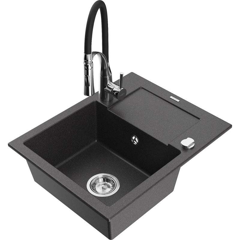 Mexen Enzo évier de cuisine en granit 1 bac avec égouttoir et mitigeur Aster, noir moucheté - 6506-76-73450-07
