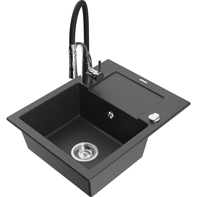 Mexen Enzo granite kitchen sink 1-bowl with drainer and Aster kitchen tap, black speckled - 6506-76-73450-07