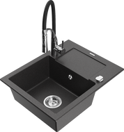 Mexen Enzo granite sink single-bowl with drainer and kitchen faucet Aster, black speckled - 6506-76-73450-07