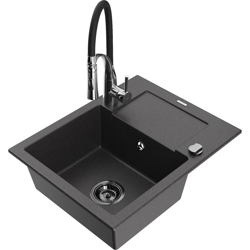 Mexen Enzo 1-bowl granite sink with drainer and Aster kitchen tap, speckled black - 6506-76-73450-07-B