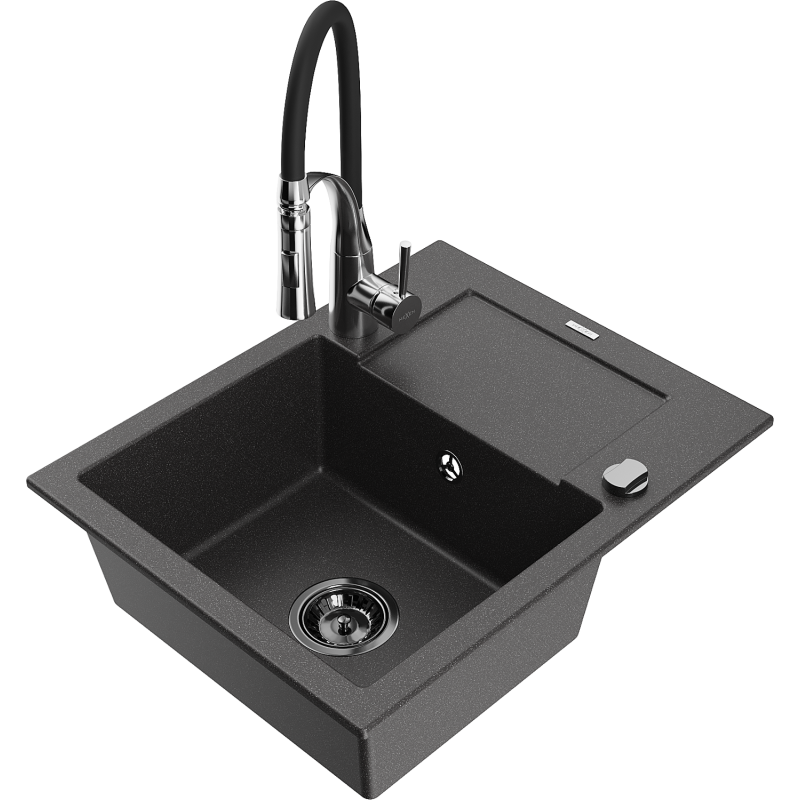 Mexen Enzo fregadero de granito 1-tazón con escurridor y grifo de cocina Aster, negro moteado - 6506-76-73450-07-B