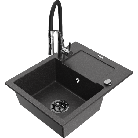 Mexen Enzo 1-bowl granite sink with drainer and Aster kitchen tap, speckled black - 6506-76-73450-07-B