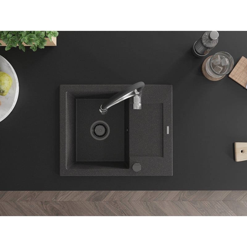 Mexen Enzo fregadero de granito 1-tazón con escurridor y grifo de cocina Aster, negro moteado - 6506-76-73450-07-B
