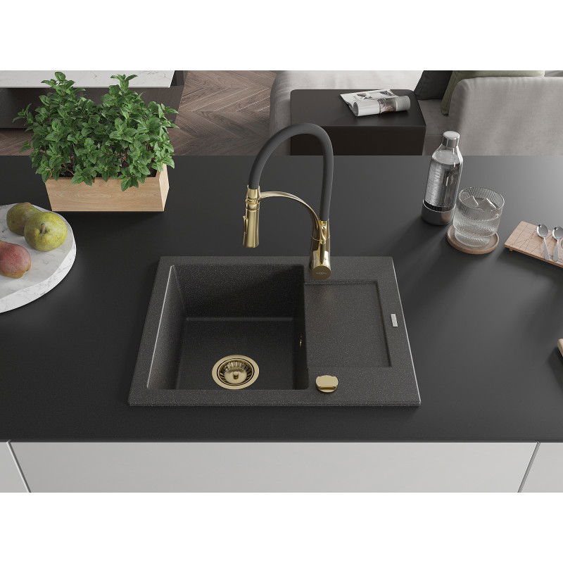 Mexen Enzo 1-Schëff Granit-Spull mat Oflaaf-Tablett a Kichebatterie Aster, schwaarz gesprenkelt - 6506-76-73450-57-G