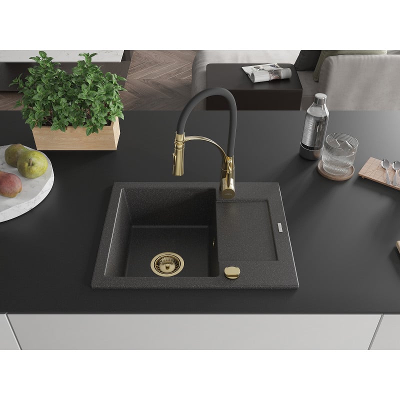 Mexen Enzo Granitspüle mit einer Kammer, Abtropffläche und Küchenarmatur Aster, schwarz gesprenkelt - 6506-76-73450-57-G