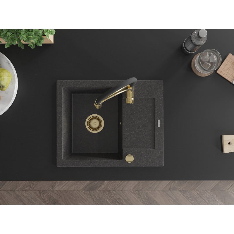 Mexen Enzo lava-loiça em granito de uma bacia com escorredor e torneira de cozinha Aster, preto salpicado - 6506-76-73450-57-G