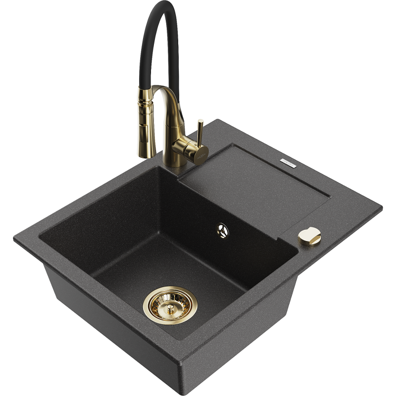 Mexen Enzo évier en granit 1 bac avec égouttoir et robinet de cuisine Aster, noir moucheté - 6506-76-73450-57-G