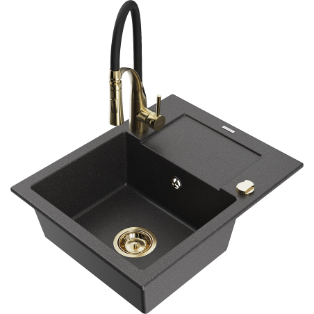 Mexen Enzo fregadero de granito de 1 seno con escurridor y grifo de cocina Aster, negro moteado - 6506-76-73450-57-G