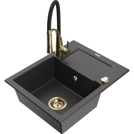 Mexen Enzo lavello in granito a 1 vasca con scolapiatti e rubinetto da cucina Aster, nero punteggiato - 6506-76-73450-57-G