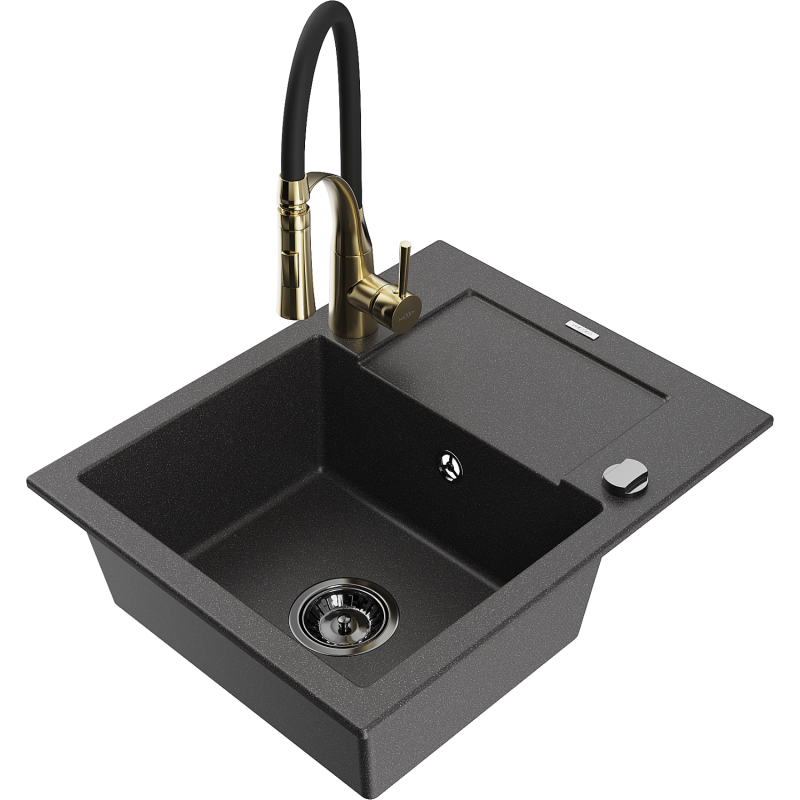 Mexen Enzo granitdiskho med en ho med avrinning och köksblandare Aster, svart spräcklig - 6506-76-73450-57-B