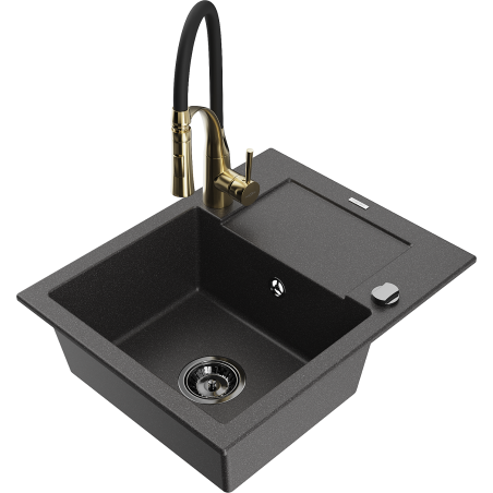 Mexen Enzo 1-kameru granīta izlietne ar noslēgšanas procesu un virtuves krānu Aster, melna ar punktiem - 6506-76-73450-57-B