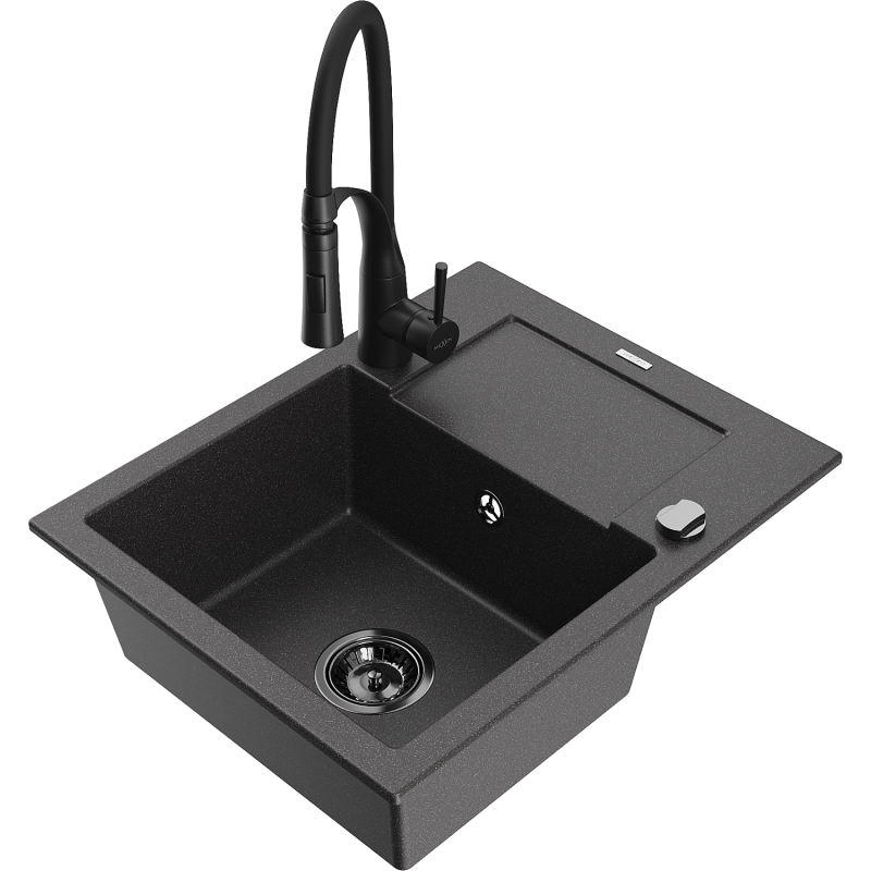 Mexen Enzo 1-bowl granite sink with drainer and Aster kitchen tap, speckled black - 6506-76-73450-70-B