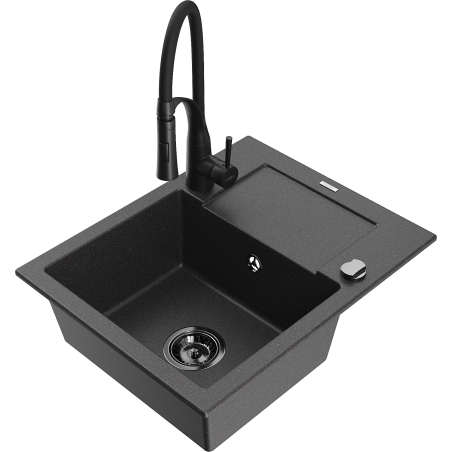 Mexen Enzo granite kitchen sink with 1 bowl and drainer, Aster kitchen faucet, black speckled - 6506-76-73450-70-B
