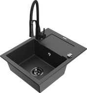 Mexen Enzo 1-bowl granite sink with drainer and Aster kitchen tap, speckled black - 6506-76-73450-70-B
