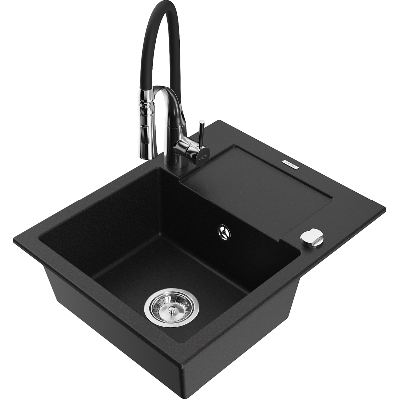 Mexen Enzo fregadero de granito de 1 cuenco con escurridor y grifo de cocina Aster, negro - 6506-77-73450-07