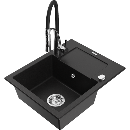 Mexen Enzo fregadero de granito de 1 cuenco con escurridor y grifo de cocina Aster, negro - 6506-77-73450-07