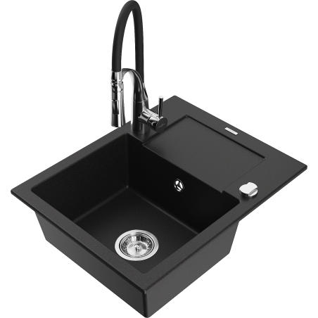 Mexen Enzo Granite 1-Bowl Sink with Drainer and Aster Kitchen Tap, Black - 6506-77-73450-07
