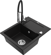 Mexen Enzo Granite 1-Bowl Sink with Drainer and Aster Kitchen Tap, Black - 6506-77-73450-07