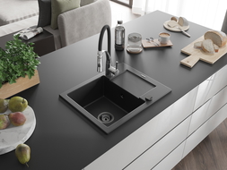 Mexen Enzo granite sink 1-bowl with drainer and Aster kitchen tap, black - 6506-77-73450-07-B