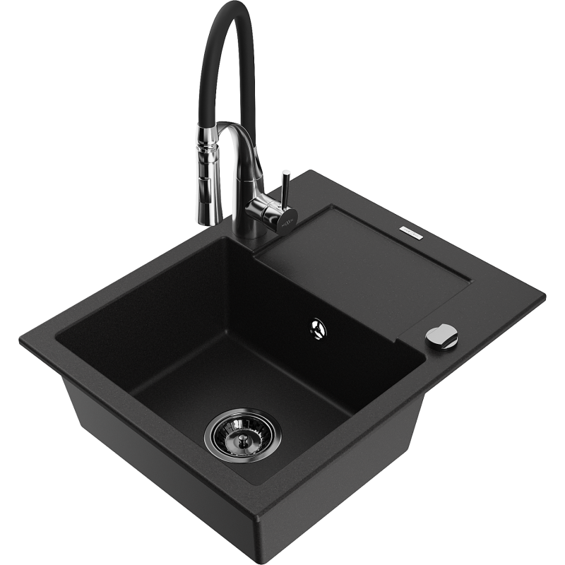 Mexen Enzo fregadero de granito de 1 cubeta con escurridor y grifo de cocina Aster, negro - 6506-77-73450-07-B