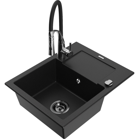 Mexen Enzo granite sink 1-bowl with drainer and Aster kitchen tap, black - 6506-77-73450-07-B