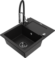 Mexen Enzo granite sink 1-bowl with drainer and Aster kitchen tap, black - 6506-77-73450-07-B