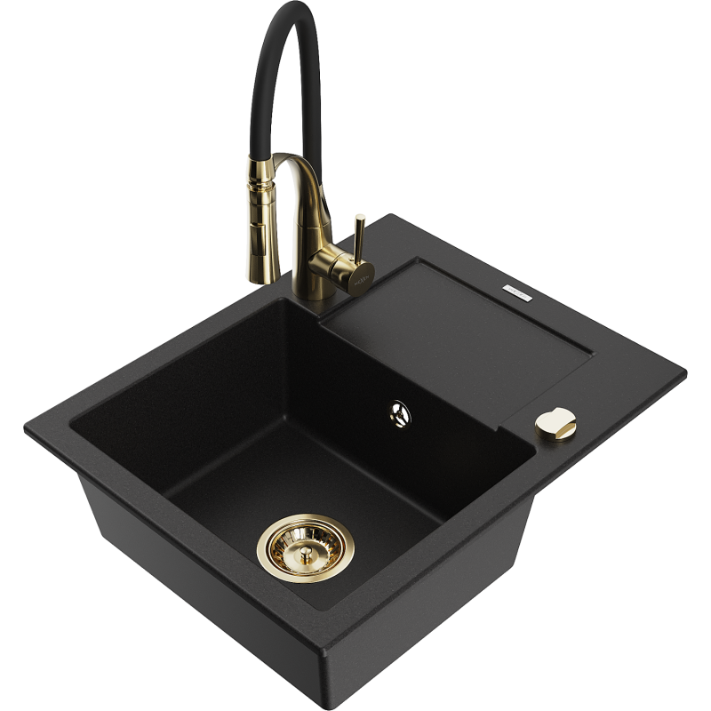 Mexen Enzo granite sink 1-bowl with drainer and Aster kitchen tap, black - 6506-77-73450-57-G