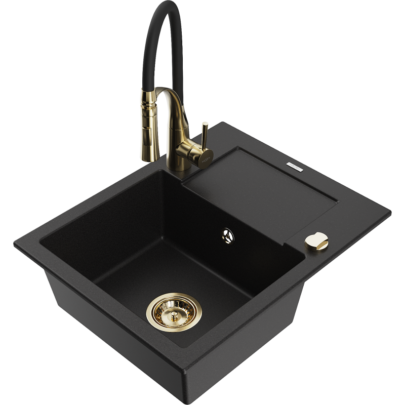 Mexen Enzo granitizlietne 1-nodal, ar notekas un virtuves krānu Aster, melns - 6506-77-73450-57-G