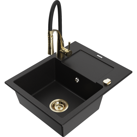 Mexen Enzo granite sink 1-bowl with drainer and Aster kitchen tap, black - 6506-77-73450-57-G