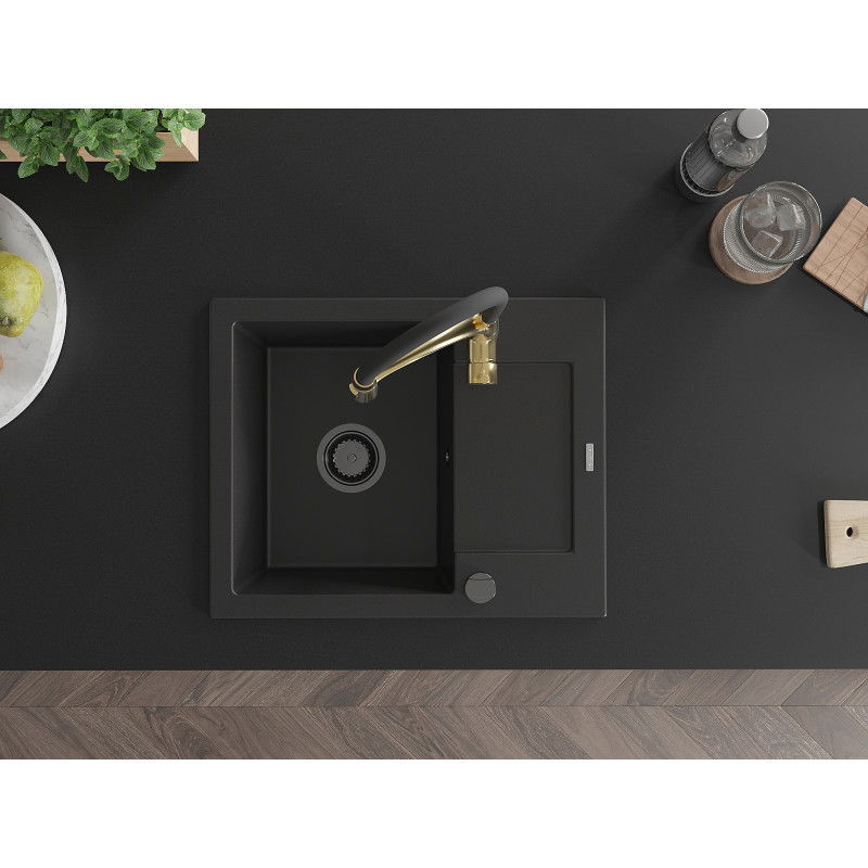 Mexen Enzo granite sink 1-bowl with drainer and Aster kitchen tap, black - 6506-77-73450-57-B
