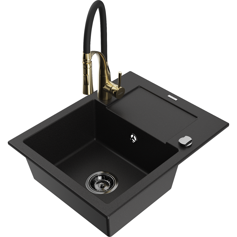 Mexen Enzo granitdiskho med 1 fack och avrinning samt köksblandare Aster, svart - 6506-77-73450-57-B