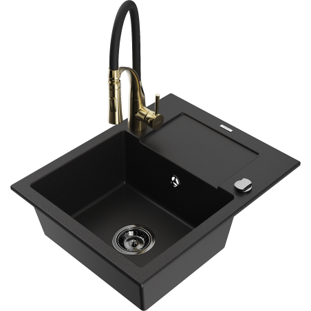 Mexen Enzo 1-compartment granite sink with drainer and Aster kitchen faucet, black - 6506-77-73450-57-B
