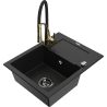 Mexen Enzo 1-compartment granite sink with drainer and Aster kitchen faucet, black - 6506-77-73450-57-B