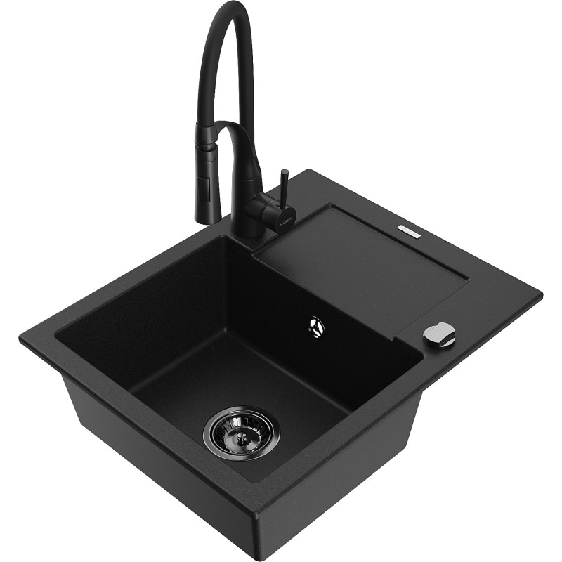 Mexen Enzo fregadero de granito de 1 compartimento con escurridor y grifo de cocina Aster, negro - 6506-77-73450-70-B