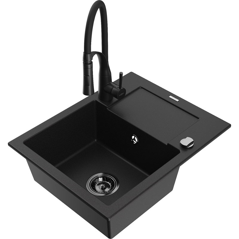 Mexen Enzo fregadero de granito de 1 cuenca con escurridor y grifo de cocina Aster, negro - 6506-77-73450-70-B