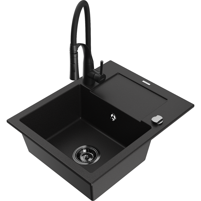 Mexen Enzo granite sink 1-bowl with drainer and Aster kitchen tap, black - 6506-77-73450-70-B